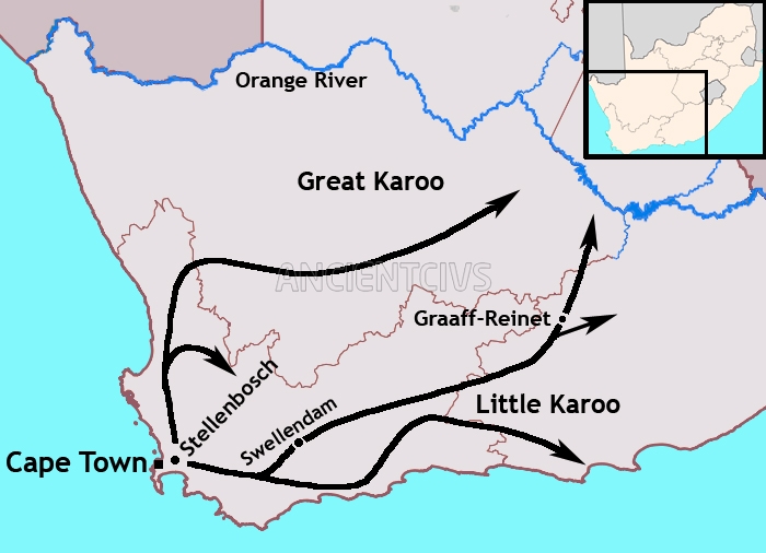 карта миграции буров из Капской колонии в период с 1700 по 1800 гг.