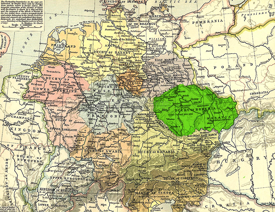 Княжество Чехия (зеленым) на карте Центральной Европы, 919-1125 гг.