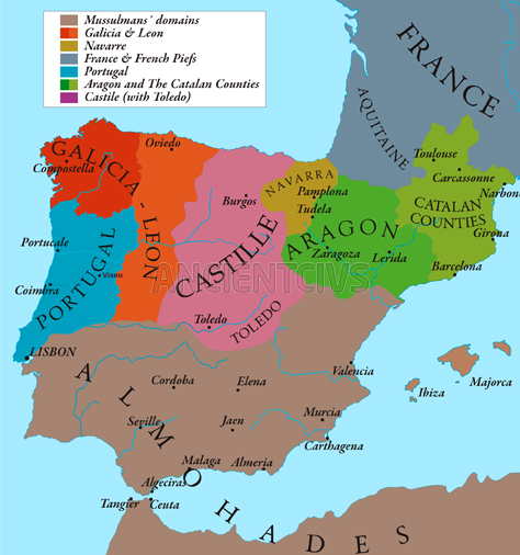 Арагон на карте Испании, 1210 г.