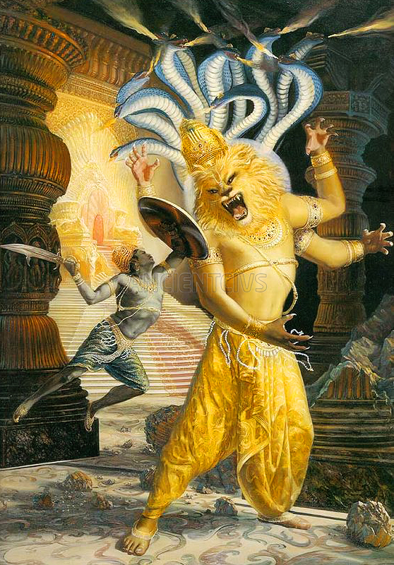 Нарасимха - аватар Вишну в виде человекальва сражается с Хираньякашипу
