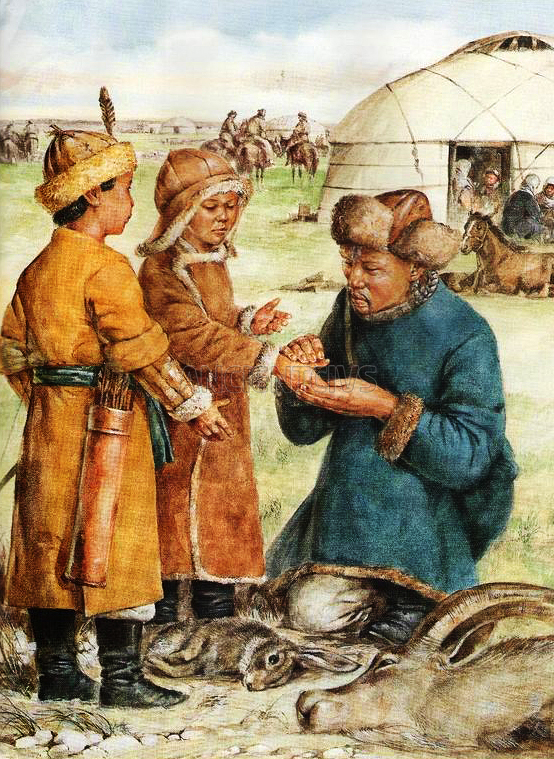 Чингисхан смазывает пальцы своих детей кровью убитого ими животного