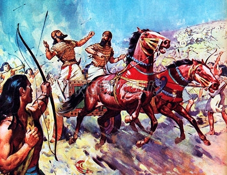 египетские лучники поражают стрелами воинов Митанни на  колеснице